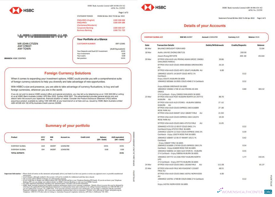 Download Australia HSBC bank statement 3 pages Photoshop template